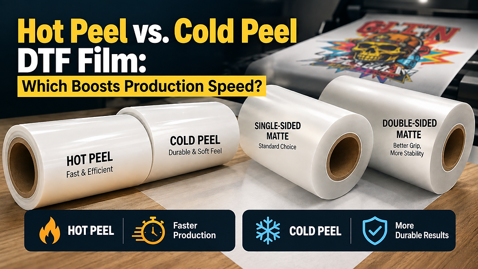 Comparison of hot peel and cold peel DTF transfer film rolls showing thickness and peel timing differences for production speed