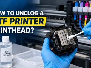 Technician manually cleaning a clogged DTF printer printhead with a foam swab and cleaning solution