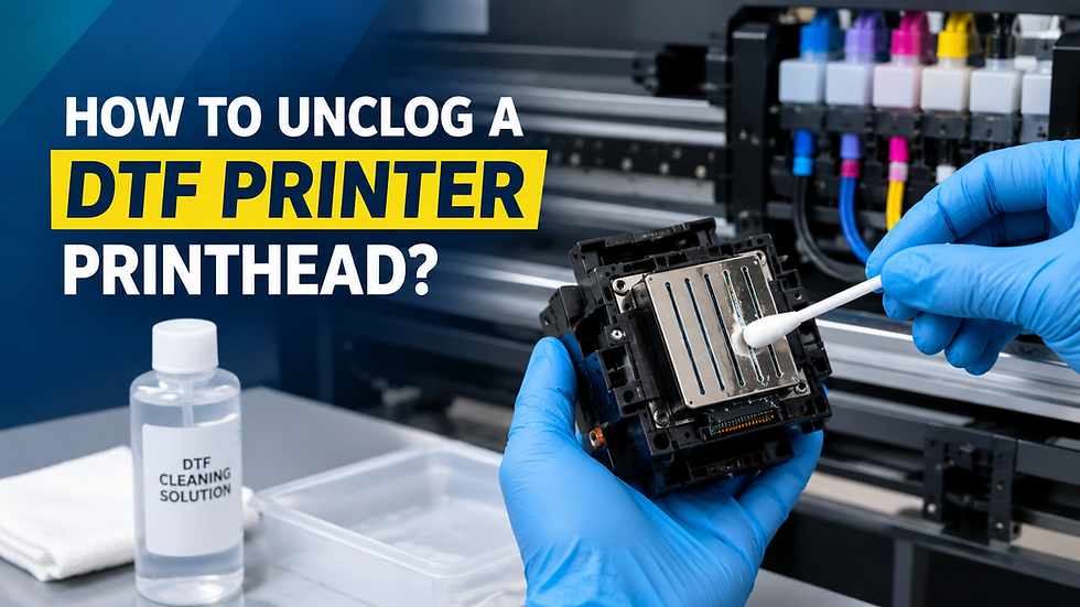 Technician manually cleaning a clogged DTF printer printhead with a foam swab and cleaning solution
