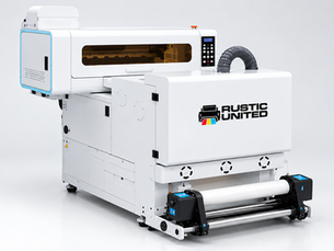 Rustic United 16.5 inch all-in-one DTF printer with powder shaker printing a color transfer on PET film at Alpha Print Supply