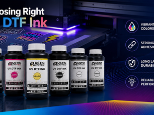 Bottles of CMYK, white, and varnish UV DTF printer ink used for UV DTF transfer printing