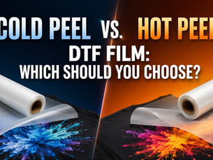 Cold Peel vs. Hot Peel DTF Film comparison showing production speed, peeling process, and premium DTF PET film options from Alpha Print Supply.