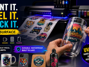 UV DTF printer applying cured ink transfer with white and color layers onto glass tumbler surface