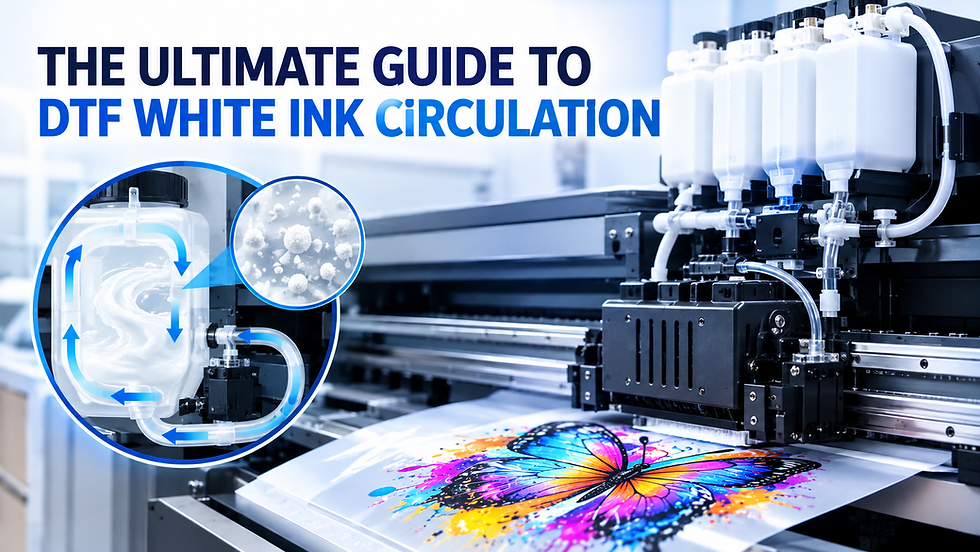 DTF printer white ink circulation system preventing pigment sedimentation and printhead clogs during printing