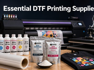 DTF printing supplies checklist featuring DTF printer, inks, PET film, powder, heat press, and essential production equipment.