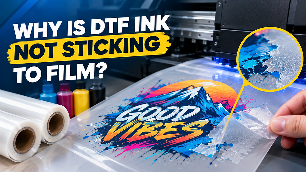 DTF printer applying white ink to PET transfer film showing proper ink adhesion during direct-to-film printing process