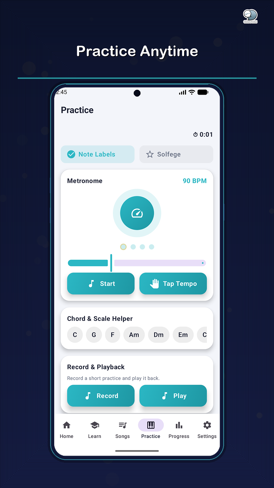 Piano lesson screen in PianoPath Keys Tutor for Android