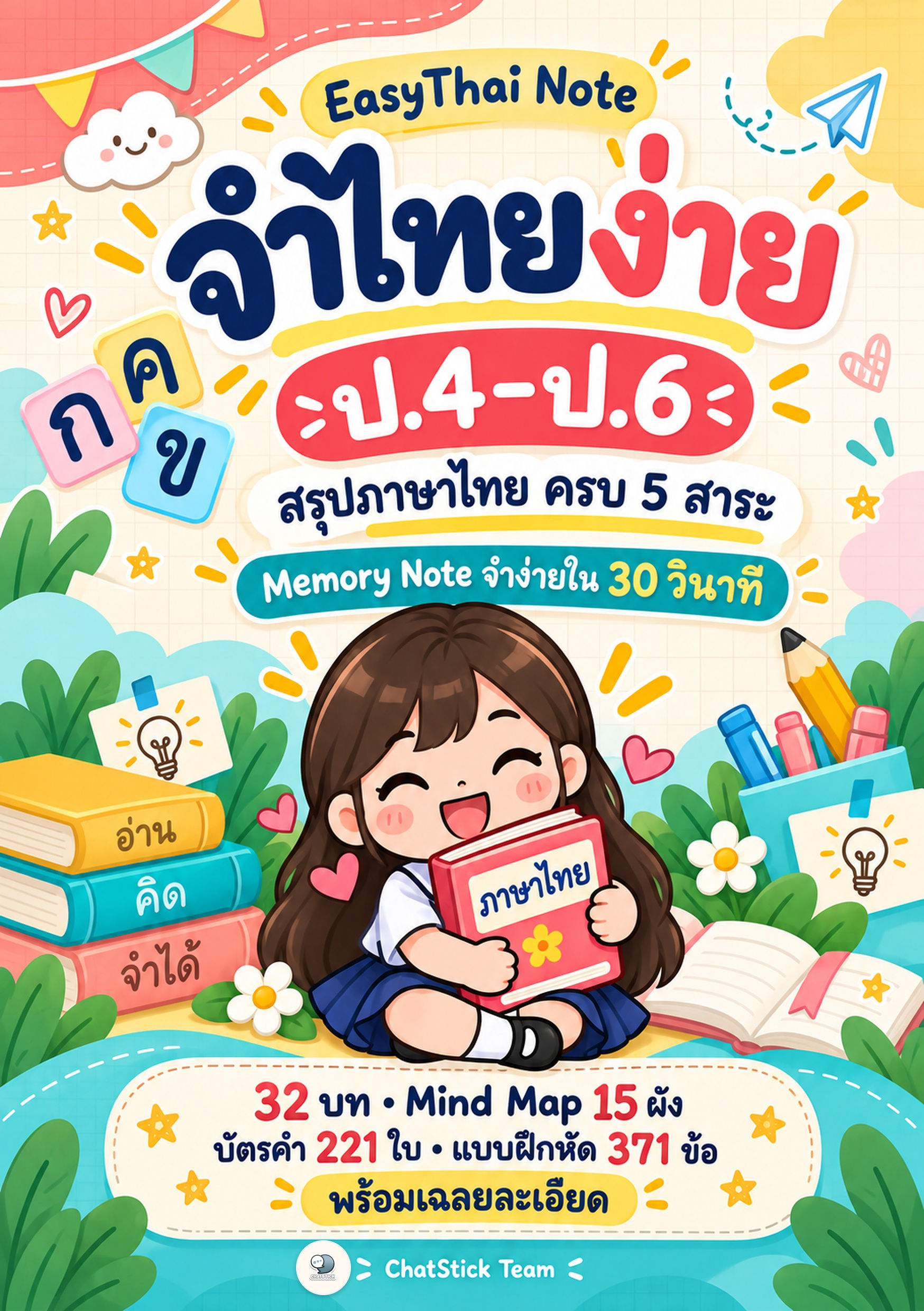 EasyThai Note จำไทยง่าย ป.4–6 สรุปภาษาไทย 5 สาระ + Mind Map + แบบฝึกหัด 371 ข้อ