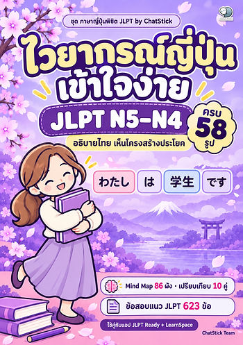 ปกหนังสือ ไวยากรณ์ญี่ปุ่นเข้าใจง่าย JLPT N5-N4 ครบ 58 รูป