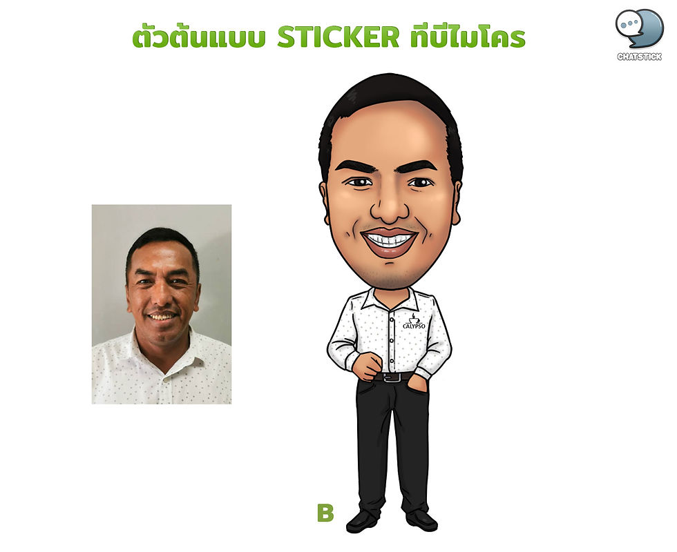 ภาพชายยิ้มใส่เสื้อขาวปรากฏในกรอบซ้าย เปรียบเทียบกับการ์ตูนคาแรกเตอร์เสื้อคำว่า CALYPSO พื้นหลังเรียบ ข้อความบน: ตัวต้นแบบ STICKER ที่ปีไมโคร by ChatStick