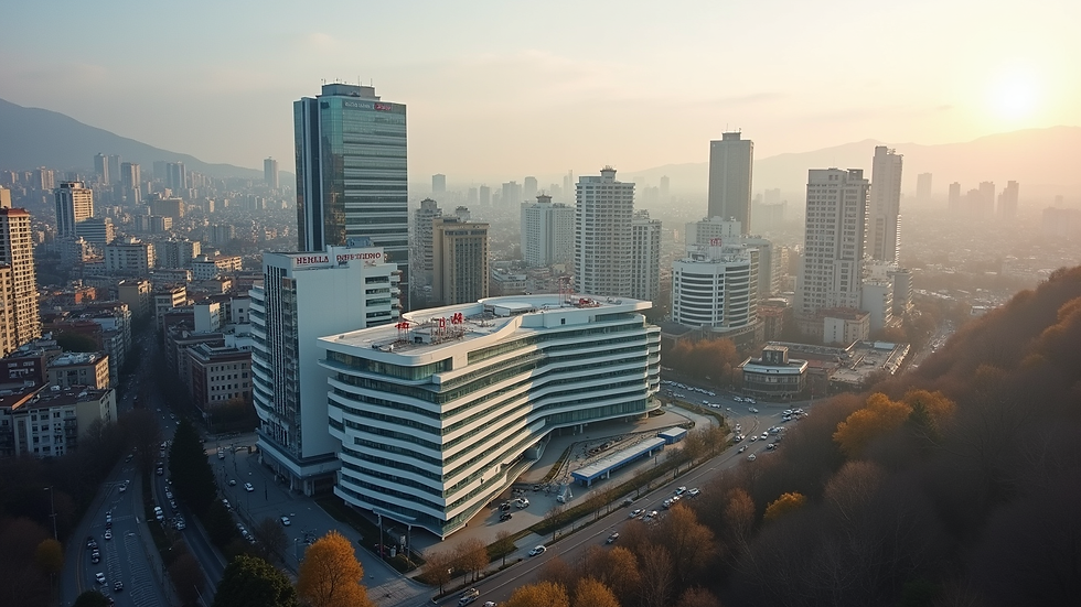 high angle view of Tbilisi cityscape with medical center in foreground