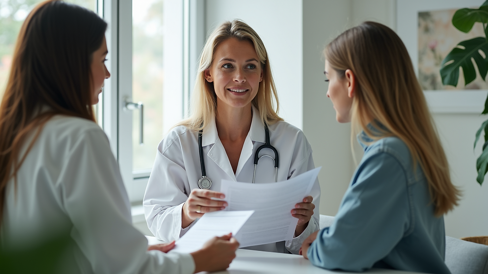 High angle view of a wellness coach discussing lab results with a client