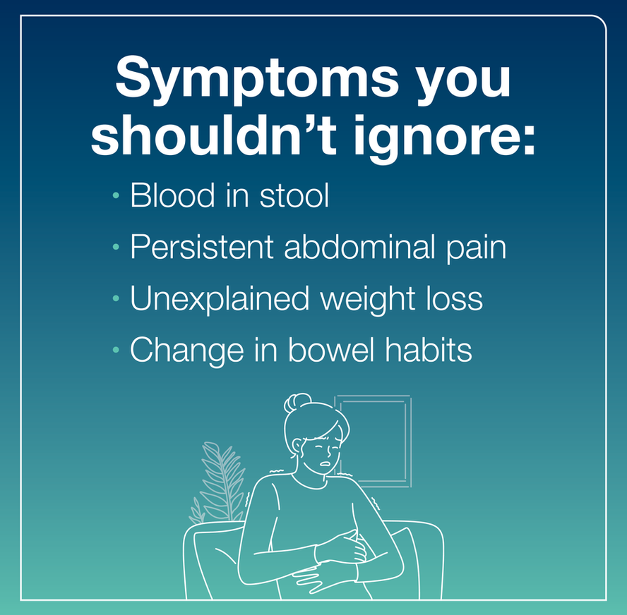 Social media graphic listing colorectal cancer symptoms that should not be ignored.