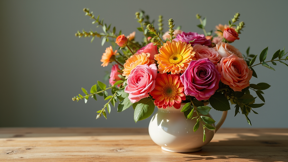 Eye-level view of a vibrant floral arrangement on a wooden table