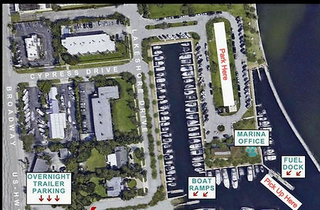 Sandhill Charters Lake Park Marina ariel view with parking information