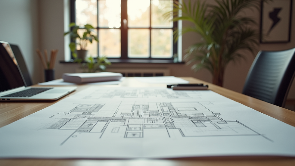 Vue à hauteur d'œil d'un bureau de dessinateur d'intérieur avec plans et maquettes