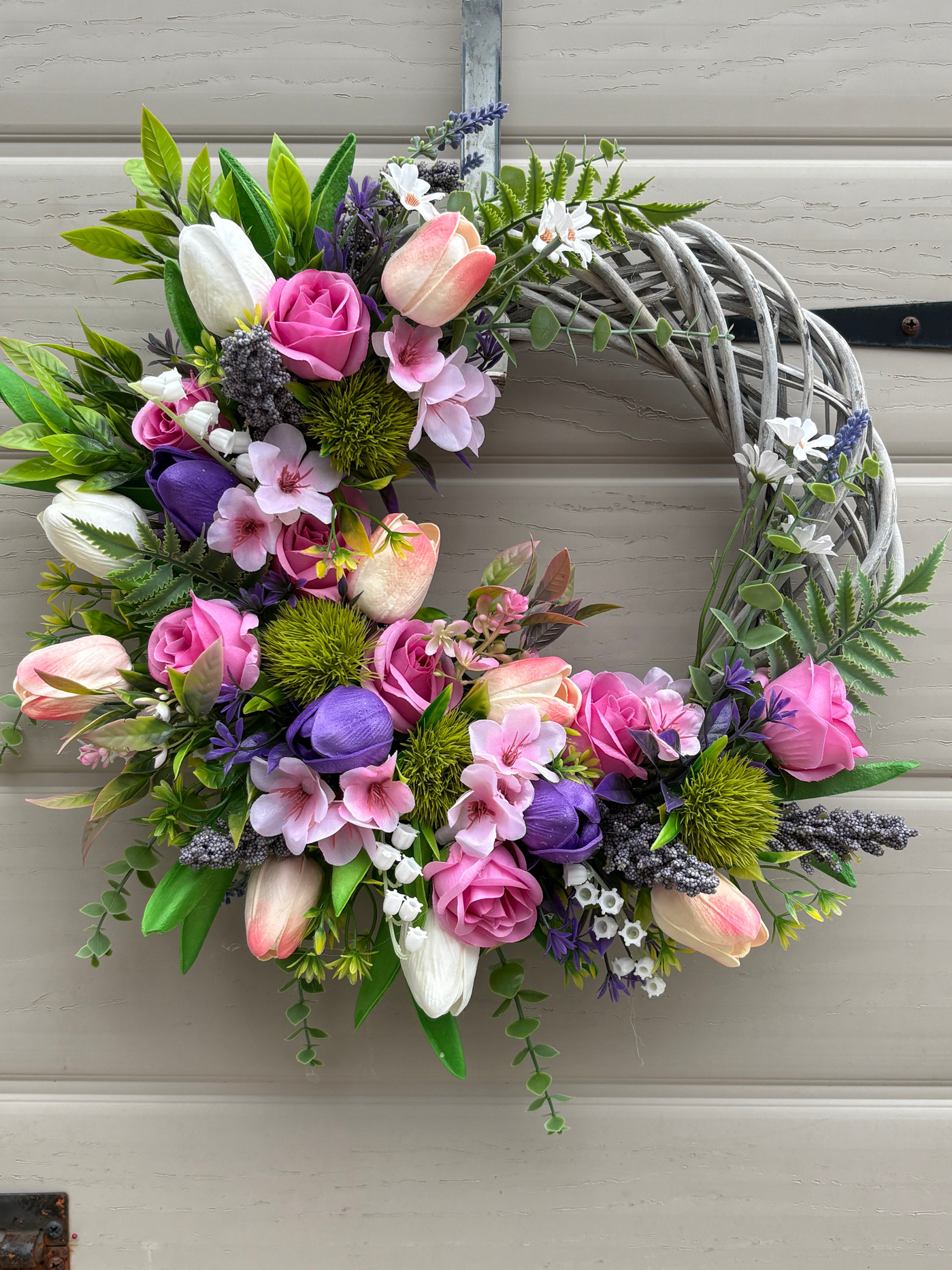 Handmade Gladys Mixed Tulip Wreath with thistles and lavender