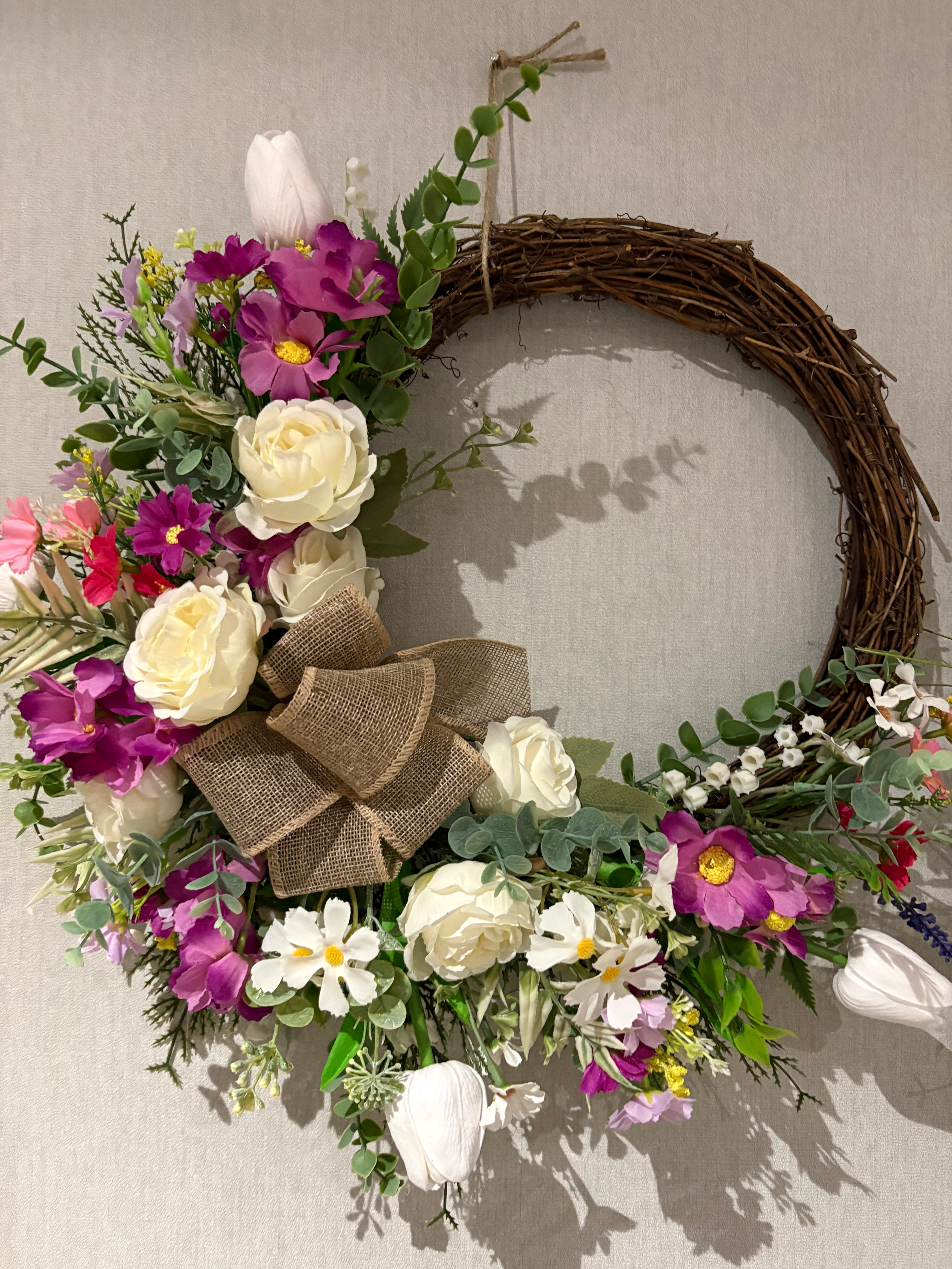 Spring / Summer Handmade mixed half wreath with Hessian bow