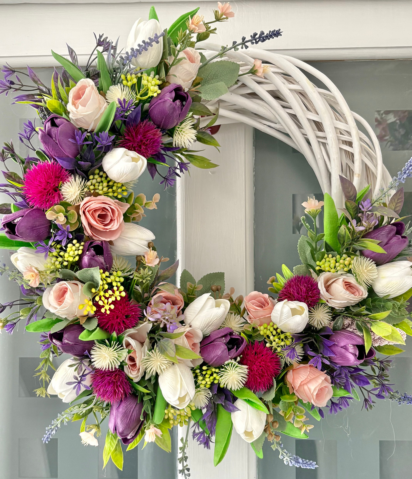 Handmade Edith Large Purple Tulip Mixed Wreath on a chunky willow base