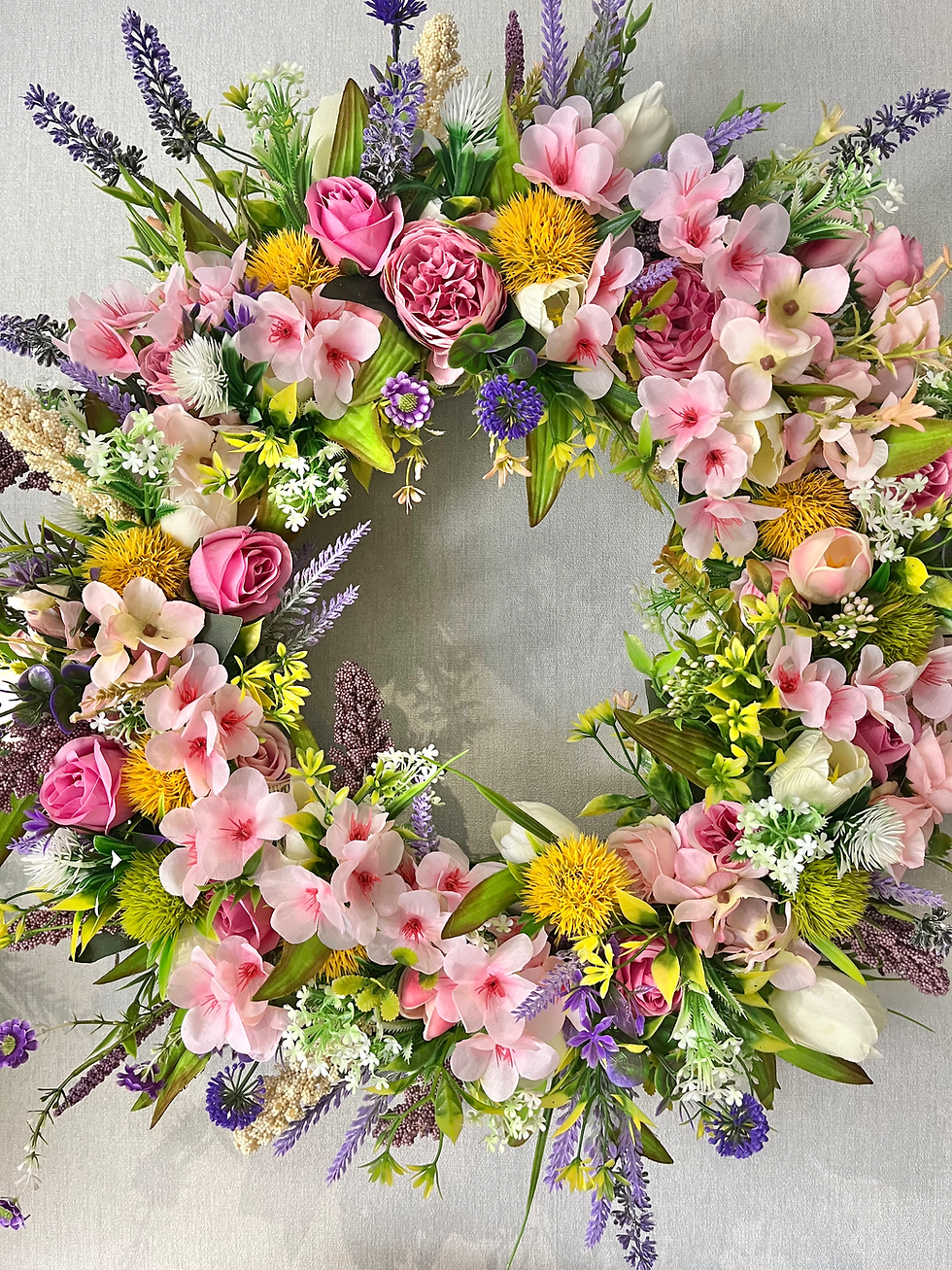 Thumbnail: Pink and yellow floral half wreath