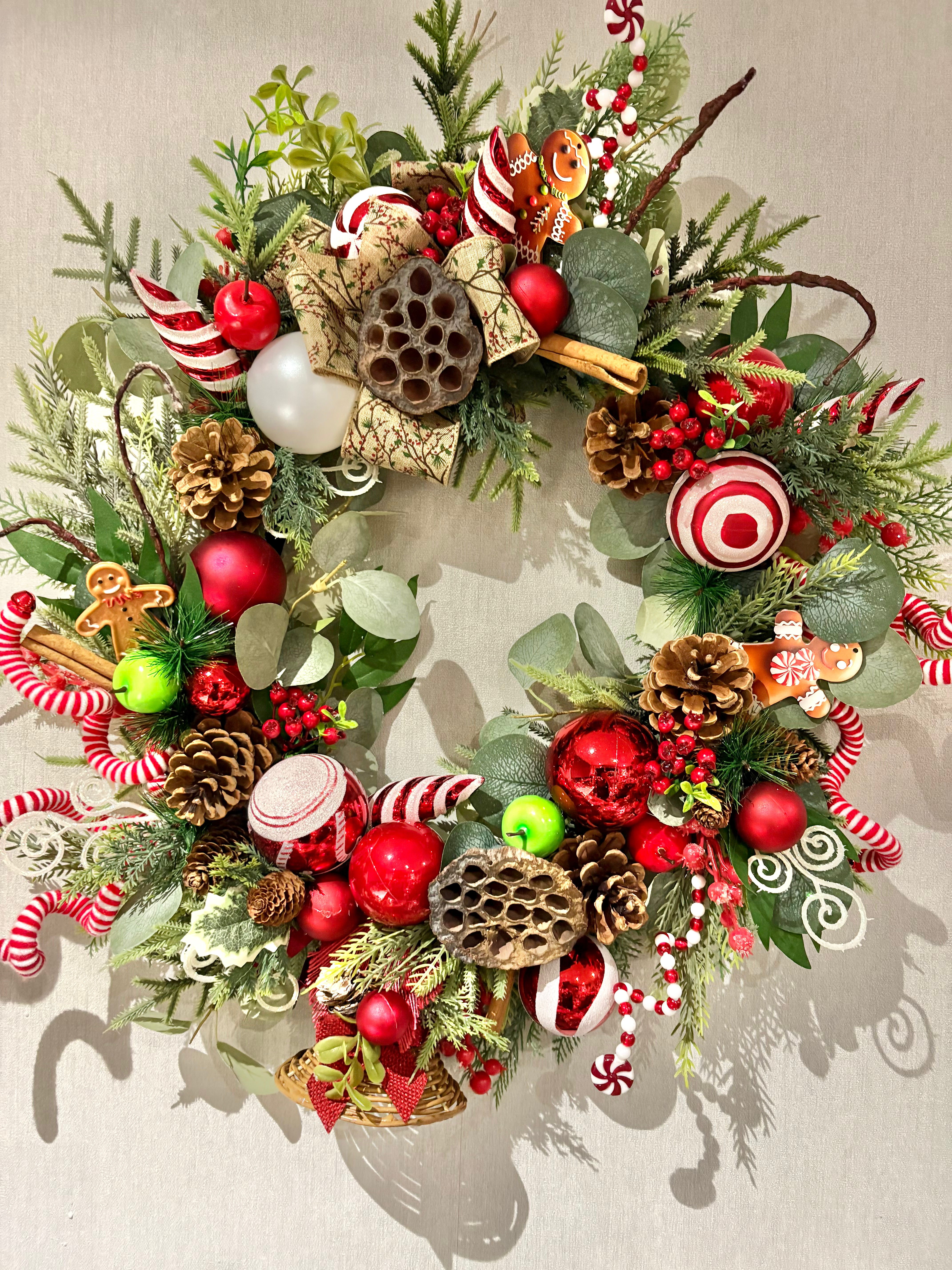  Handmade  Candy Cane Green & Red Christmas wreath with bells 