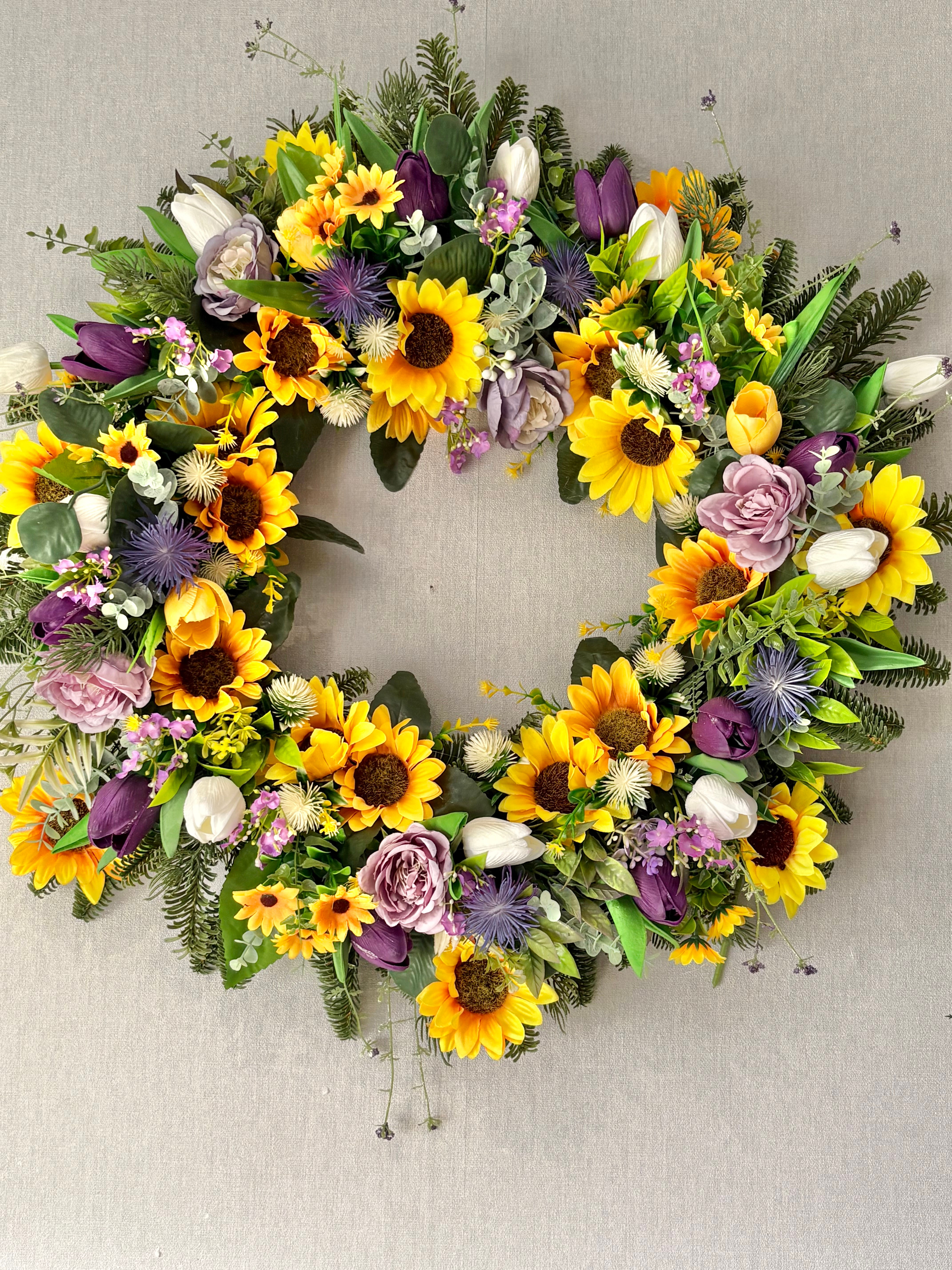 Gloria - Handmade large sunflower and tulip wreath 