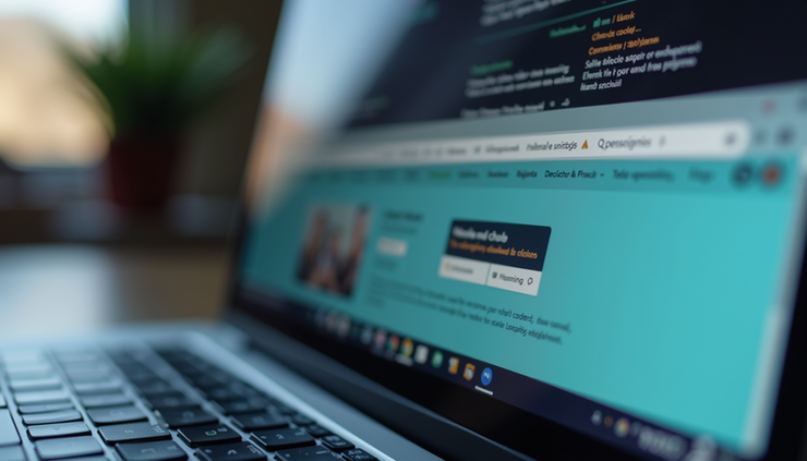 Eye-level view of a laptop screen displaying a modern web browser with multiple tabs open