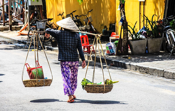 Vietnamese woman with non la and quang gan Shoulder Pole and Conical hat and shoulder pole carrying vegetables down the street in Hoi an