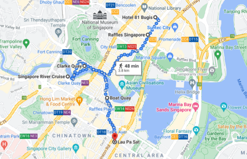 Map of Singapore tour Bugis Street Raffles Clarke Quay Singapore River Cruise Lau Pa Sat Marina Bay Sands