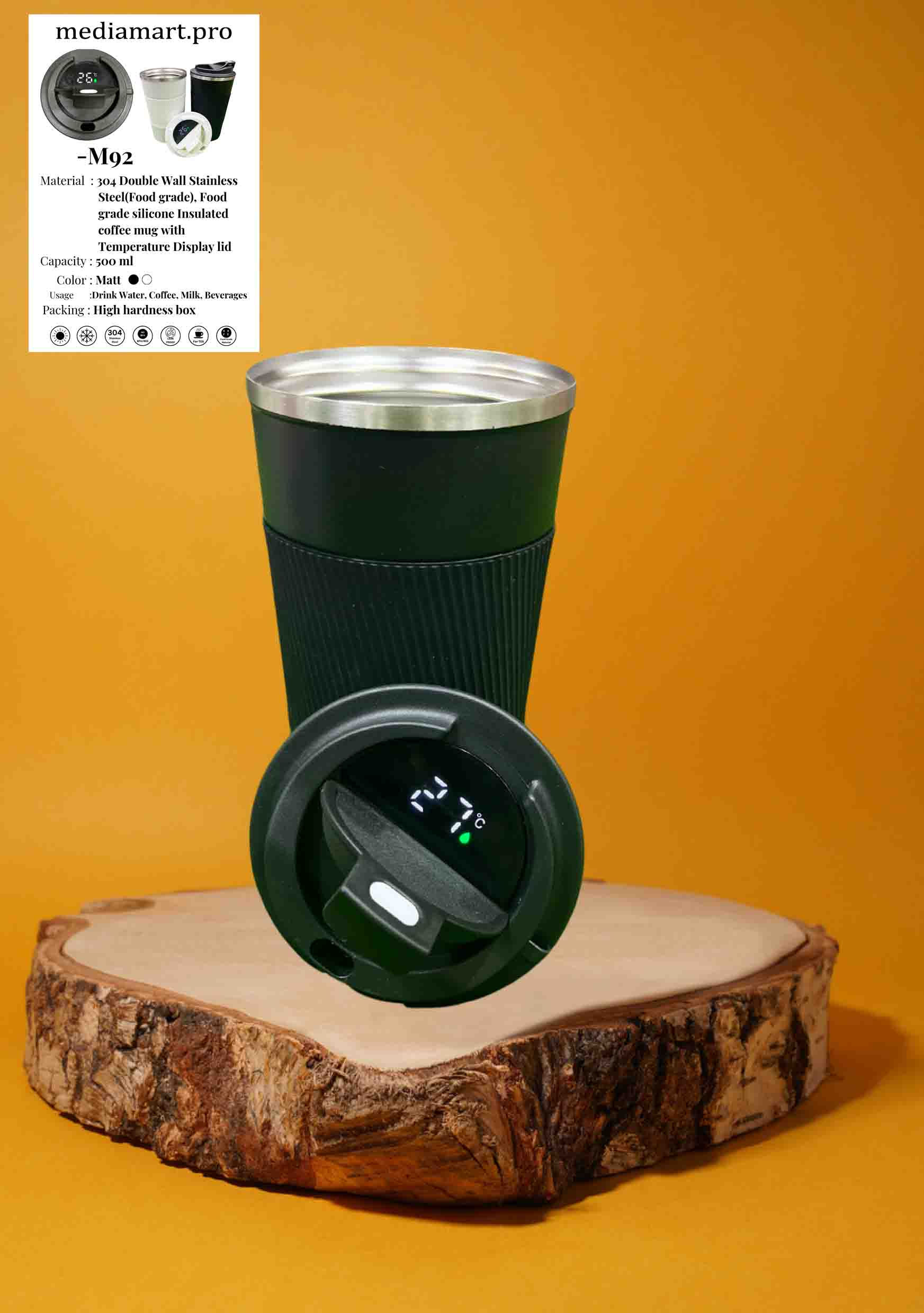 Double Wall Stainless Steel(Food grade), Food grade silicone Insulated coffee mug with Temperature Display lid -500ml