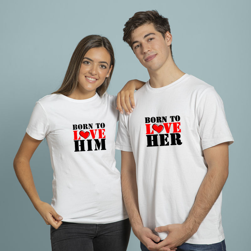 Thumbnail: Born To Love Her And Him Love Couple T Shirt, Buy matching couple tees.