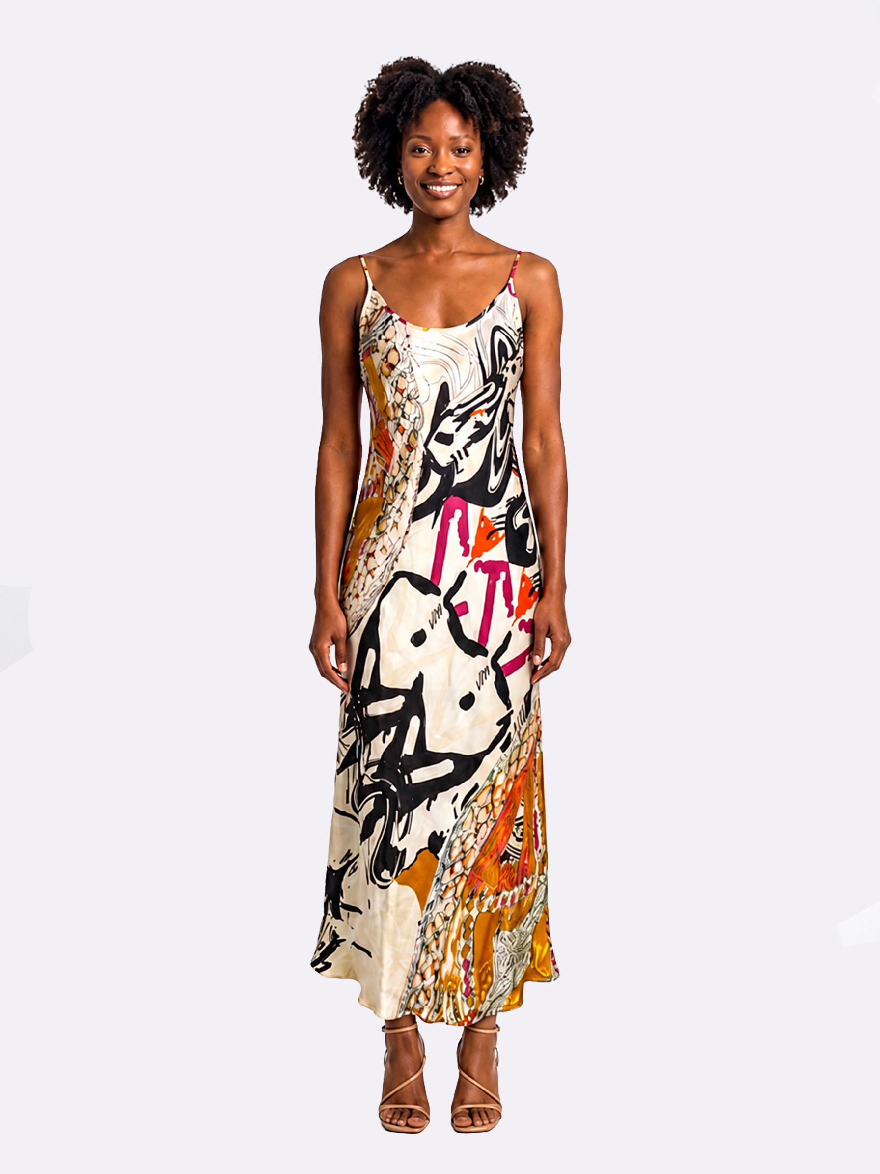 100% Mulberry Silk Slip Dress: African Motif Midi