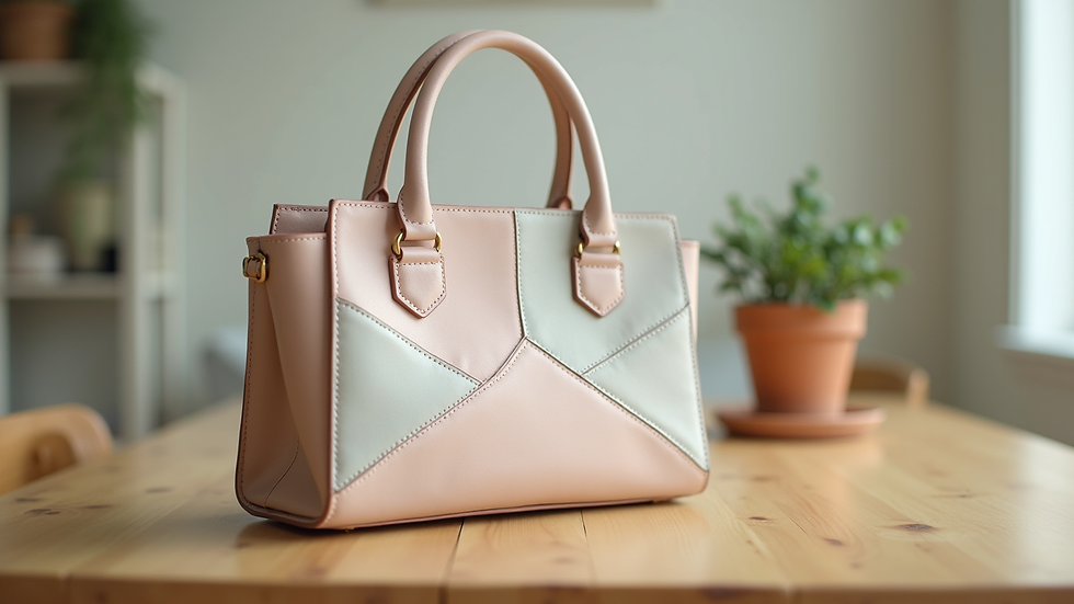 Eye-level view of a pastel-colored handbag with geometric design on a wooden table