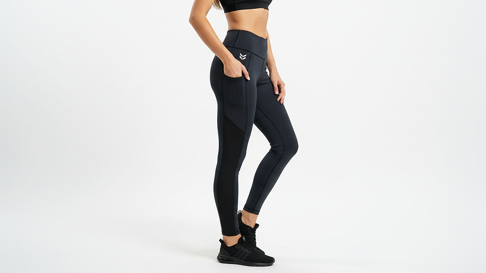 Eye-level view of woman wearing leggings with side pockets