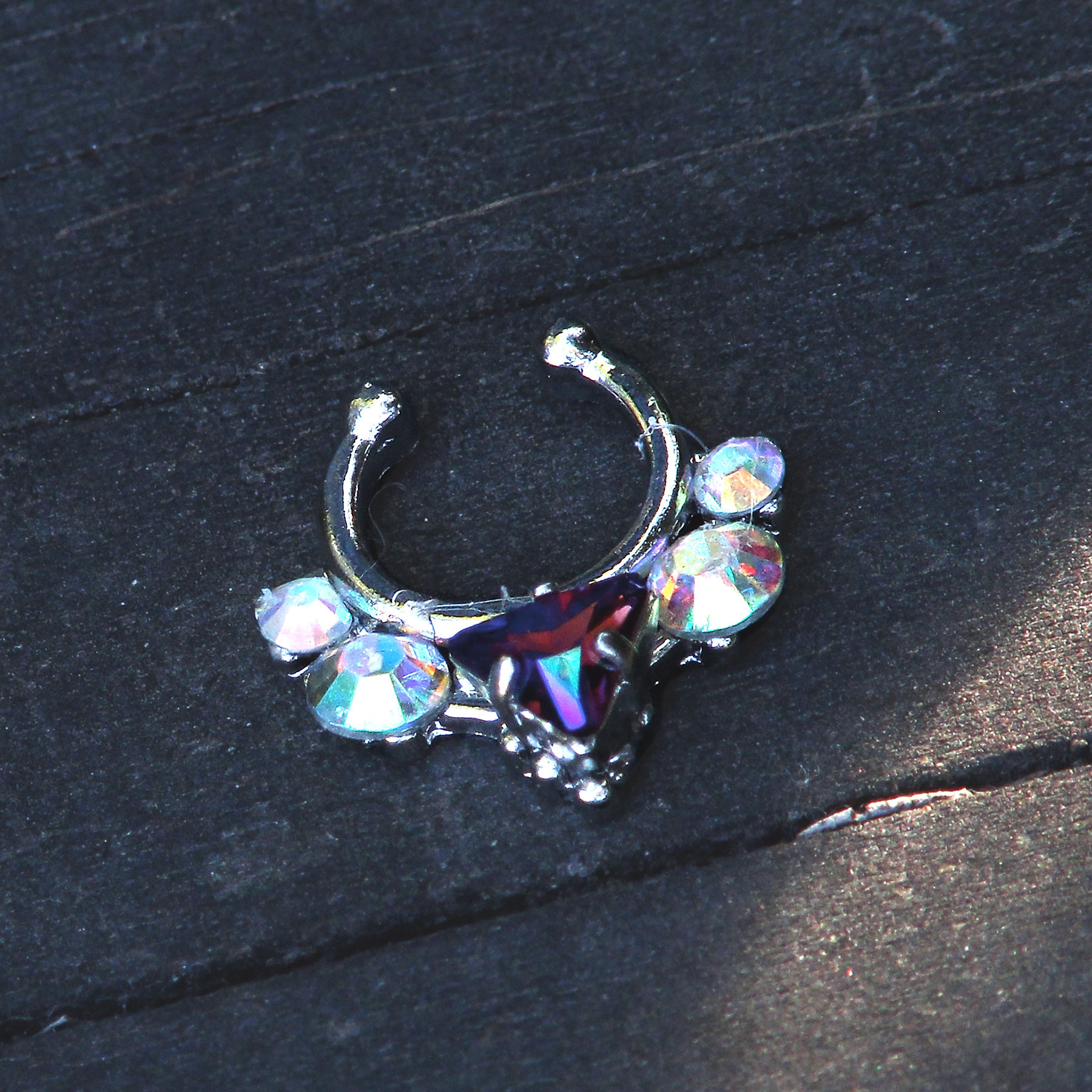 Silver Faux Septum Ring w/Blue Stone & Rhinestones