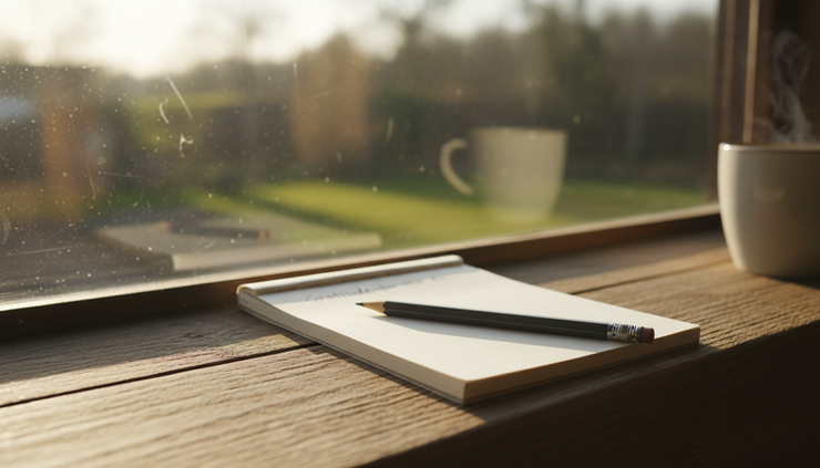 Close-up of a small notebook and pencil on a wooden windowsill.