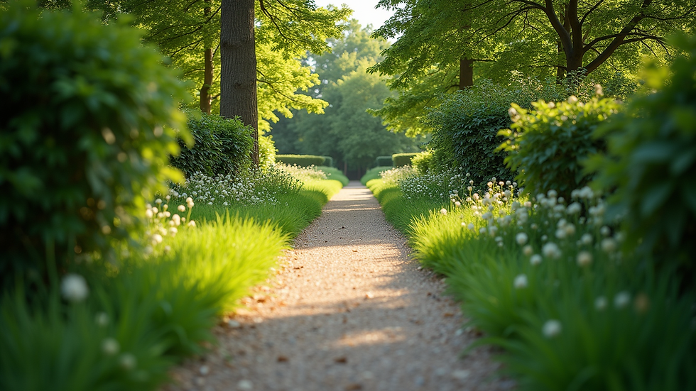 High angle view of a peaceful garden path surrounded by greenery