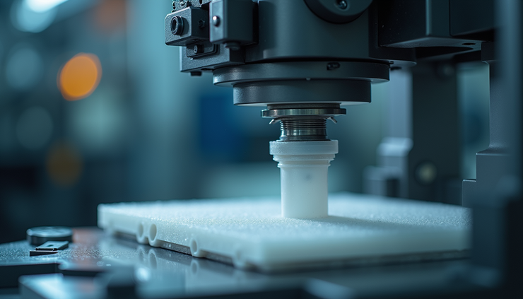 Close-up view of an injection molding machine producing a plastic part