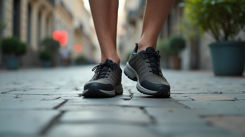 Close-up of a pair of comfortable walking shoes on a stone pavement