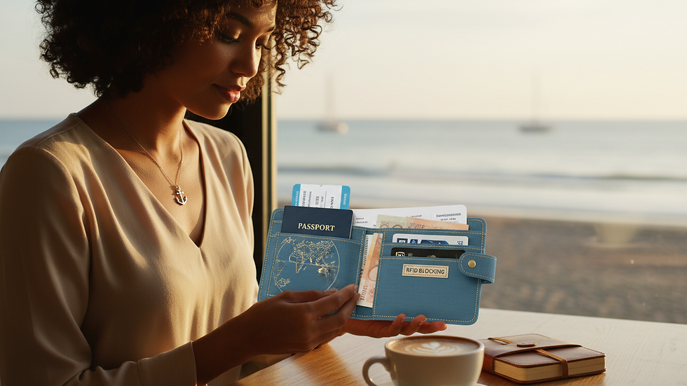 Eye-level view of a travel wallet with RFID blocking feature label