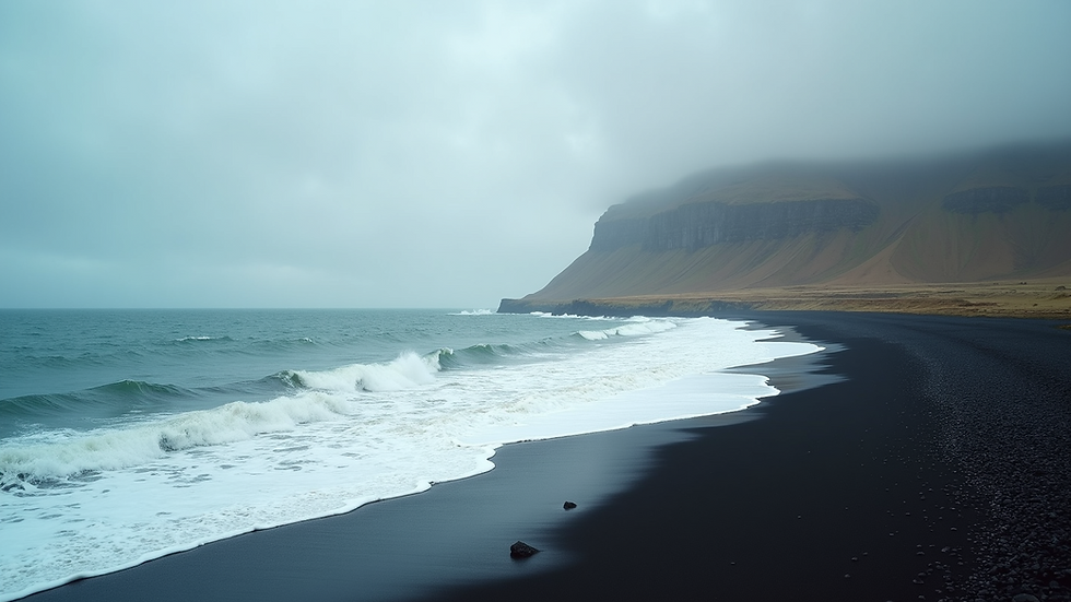 Wide angle view of Iceland’s dramatic coastline and ocean waves