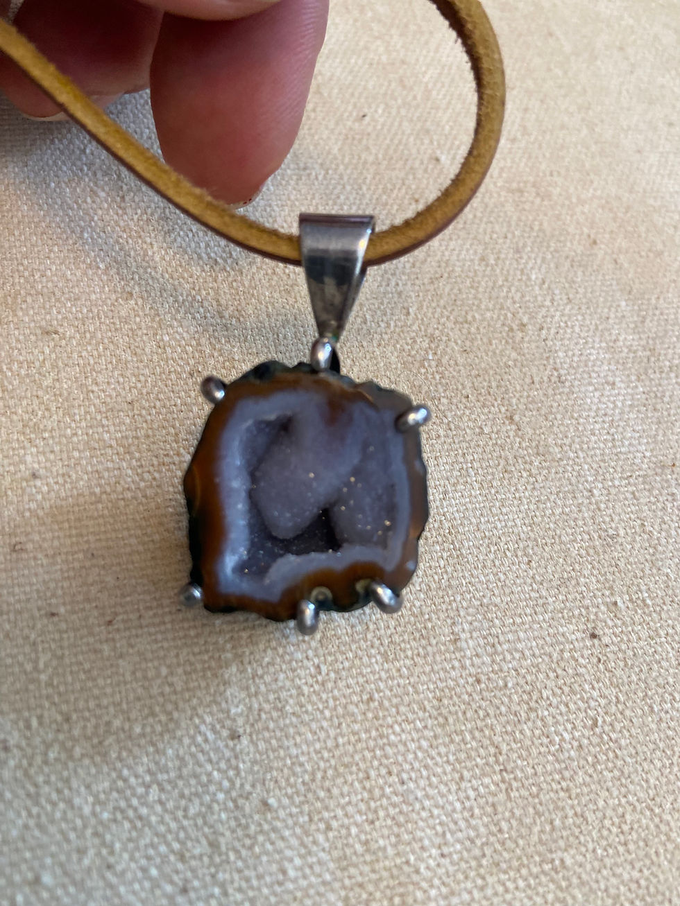 Thumbnail: Handmade Silver Plate Geode Charm on Rawhide