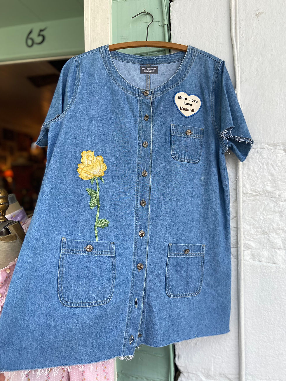 Thumbnail: Tigby Denim Mini Dress More Love Less Bullshit And Vintage Yellow Rose XL