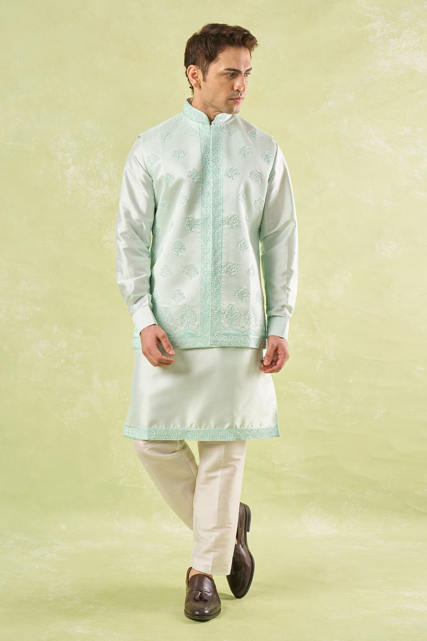 Mint Green Raw Silk Pearl Embroidered Bundi Jacket Set