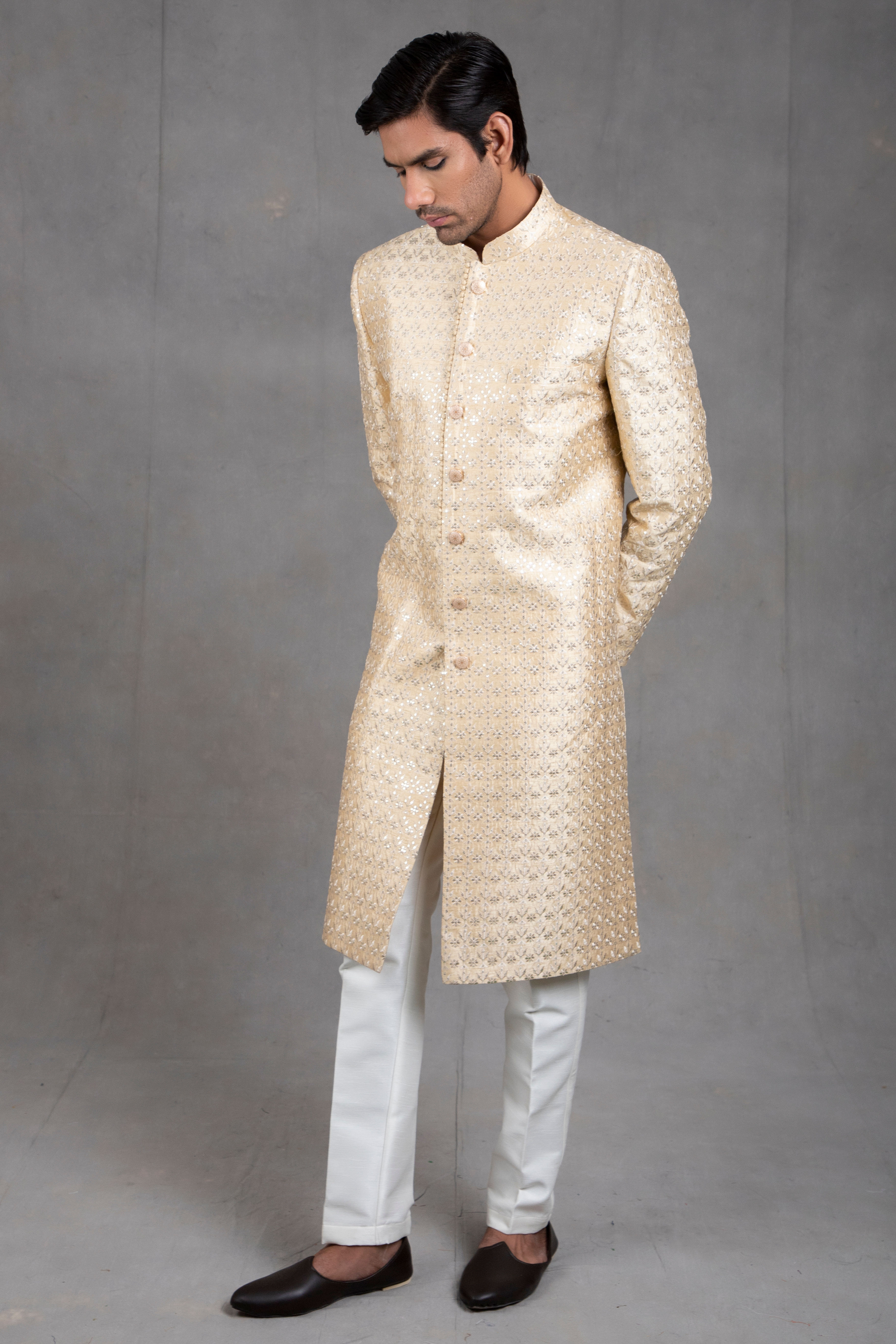 Beige Embroidered Sherwani Set