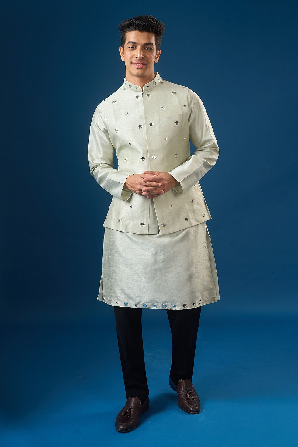 Sage Green Mirror Embroidered Kurta-Bundi Set