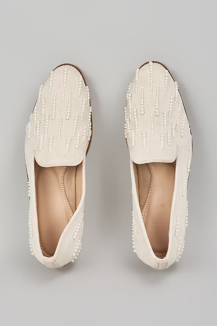 Off-White Suede Pearl Hand Embroidered Loafers