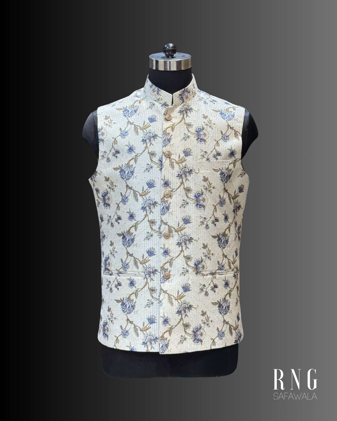 Off White Floral Printed Nehru Jacket