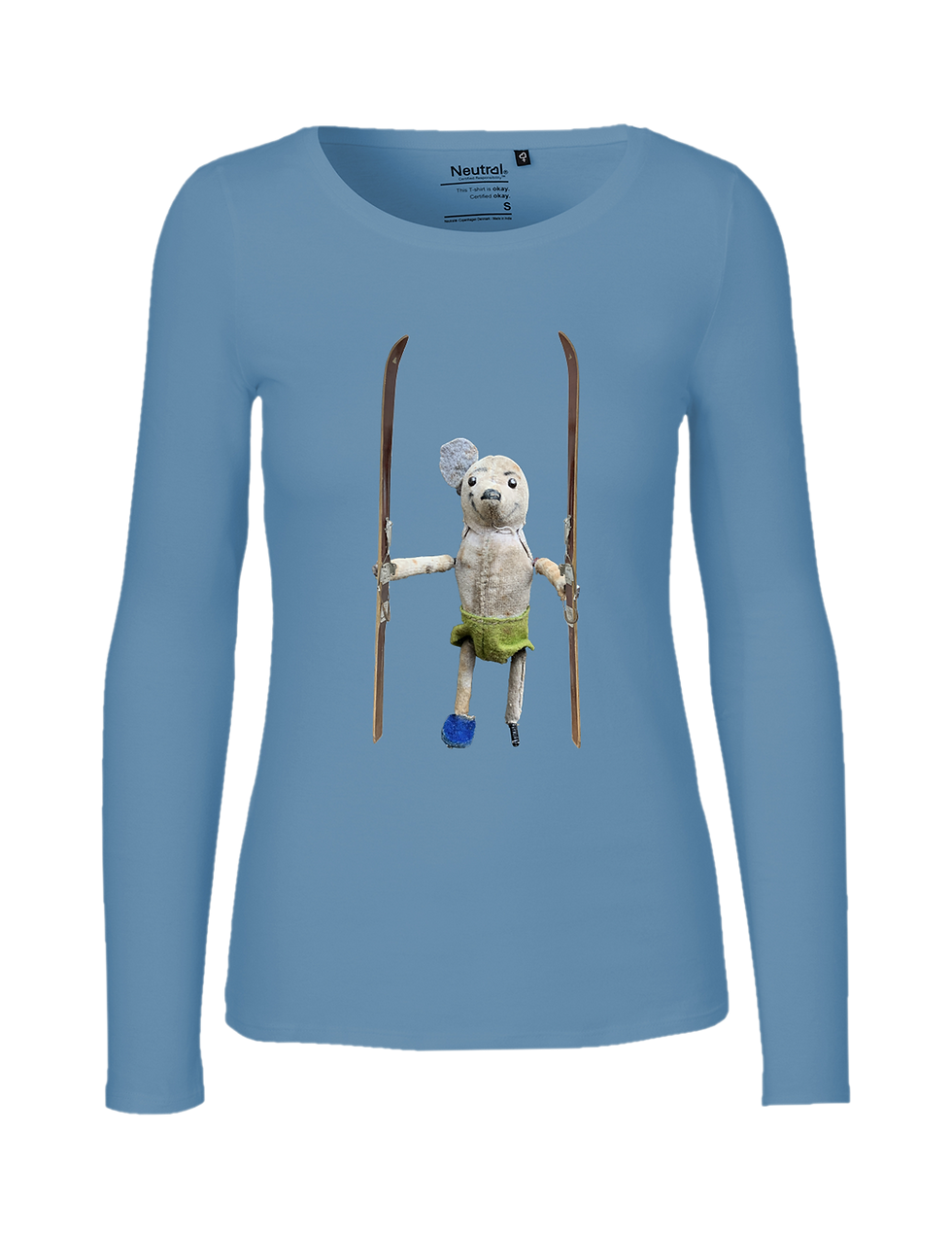 Damen Langarmshirt mit einer alten Schuco Maus mit Ski in den Händen