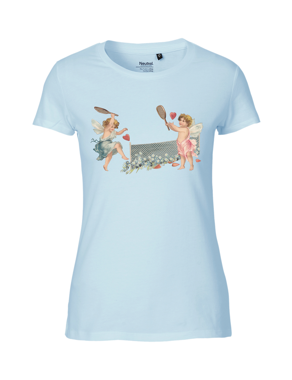 hellblaues Damen T-Shirt mit zwei Engel die Tennis spielen
